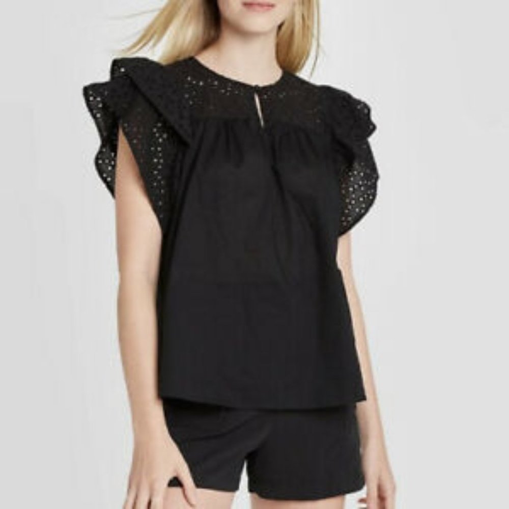 A NEW DAY Black Short Sleeve Eyelet Blouse Small